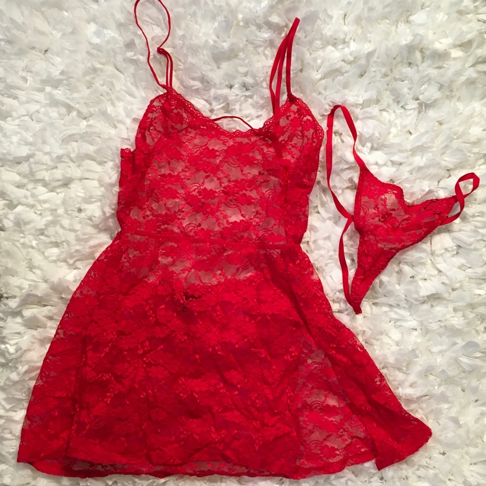Victoria's Secret Red Lace Chemise with Matching G-String